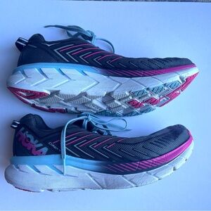 Hoka One One Women's Clifton 4 Running Athletic Shoes Size 8.5 Gray Pink Blue